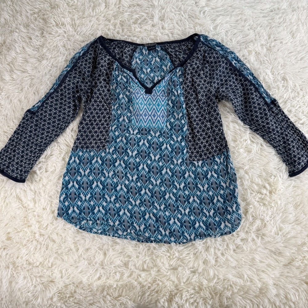 Lucky Brand Womens Small Blue Ikat Mixed Boho Cotton Peasant‎ Top Blouse Small